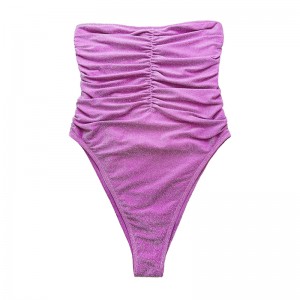 Фиолетовый серебряный без бретелек без бретелек плиссированный цельный купальник